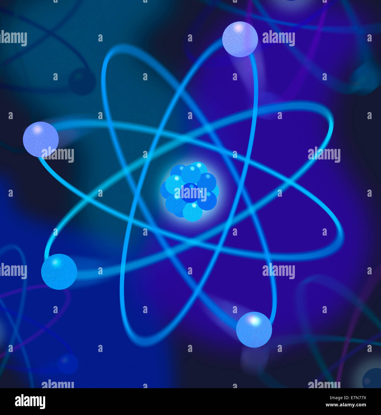 Modèle futuriste de structure atomique avec électrons en orbite - Une illustration numérique bleue brillante d'un atome, montrant des électrons en orbite autour d'un noyau Banque D'Images