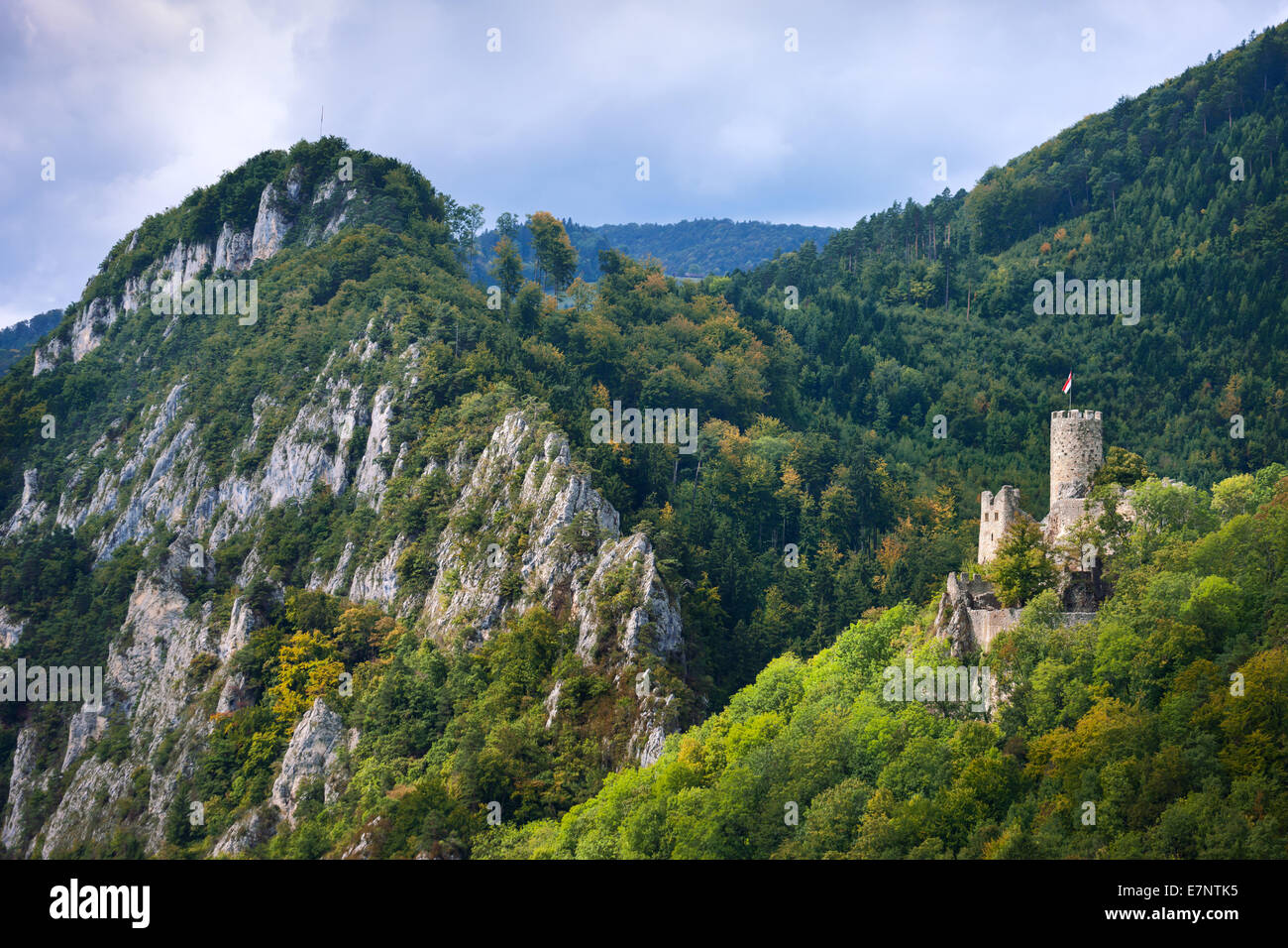 Nouveau Falcon's stone, Suisse, Europe, canton de Soleure, Jura, Jura, Solothurner château, bois, forêt, rock, falaise, automne Banque D'Images