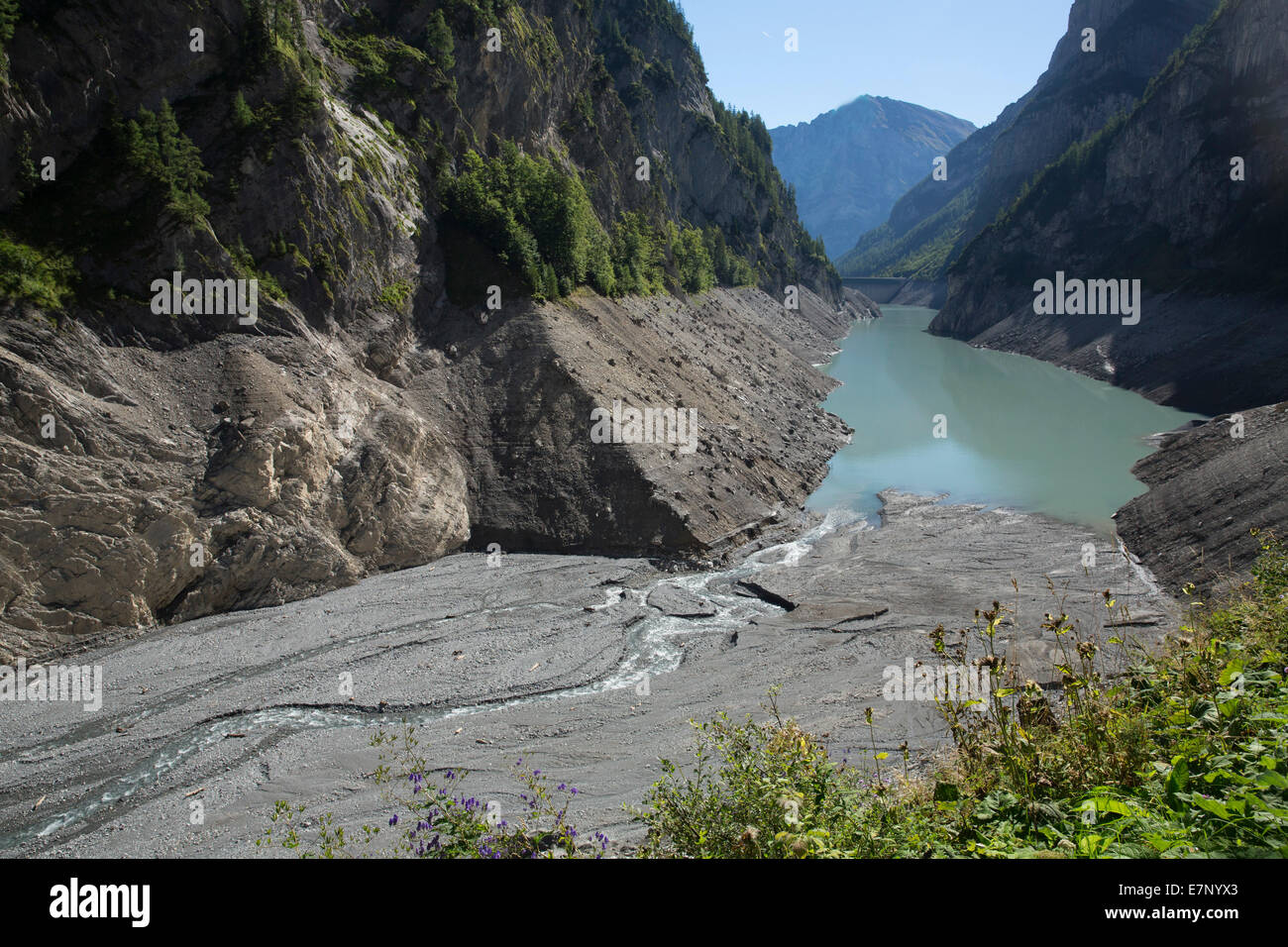 Calfeisental, réservoir, vide, Gigerwald, eau, SG, canton de Saint-Gall, l'énergie, la Suisse, l'Europe, Banque D'Images