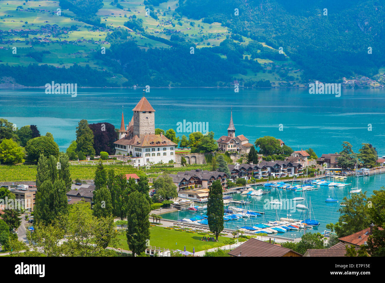 Canton de Berne, Oberland Bernois, Spiez, Suisse, Europe, le lac de Thoune, l'architecture, de bateaux, de ville, colorée, lac, paysage, po Banque D'Images