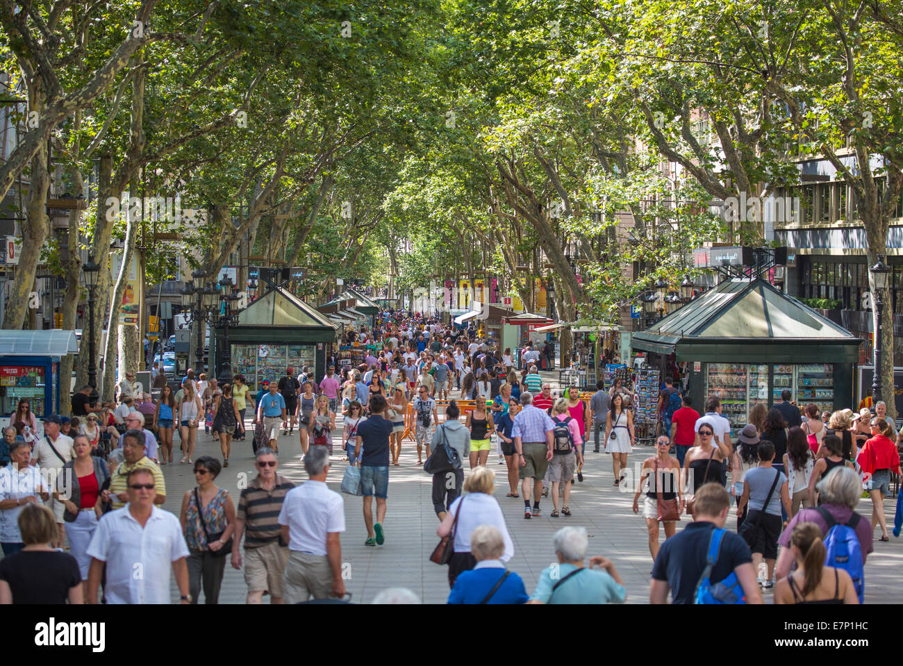 Barcelone, ville, Ramblas, l'avenue, Catalogne, bondé, célèbre, vert, kiosque, personnes, populaire, en Espagne, en Europe, le tourisme, voyages Banque D'Images