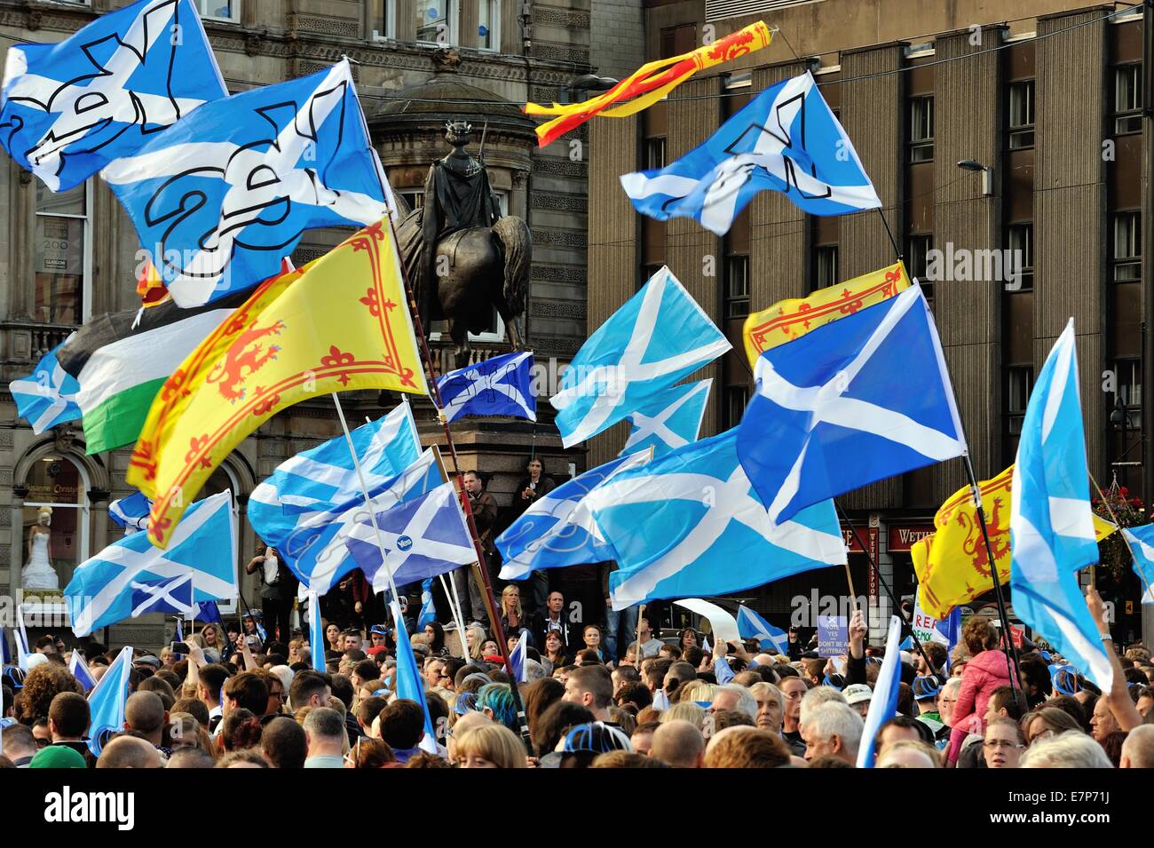 Drapeaux au vent George Square, Glasgow pour pro-indépendance rally avant référendum. Banque D'Images