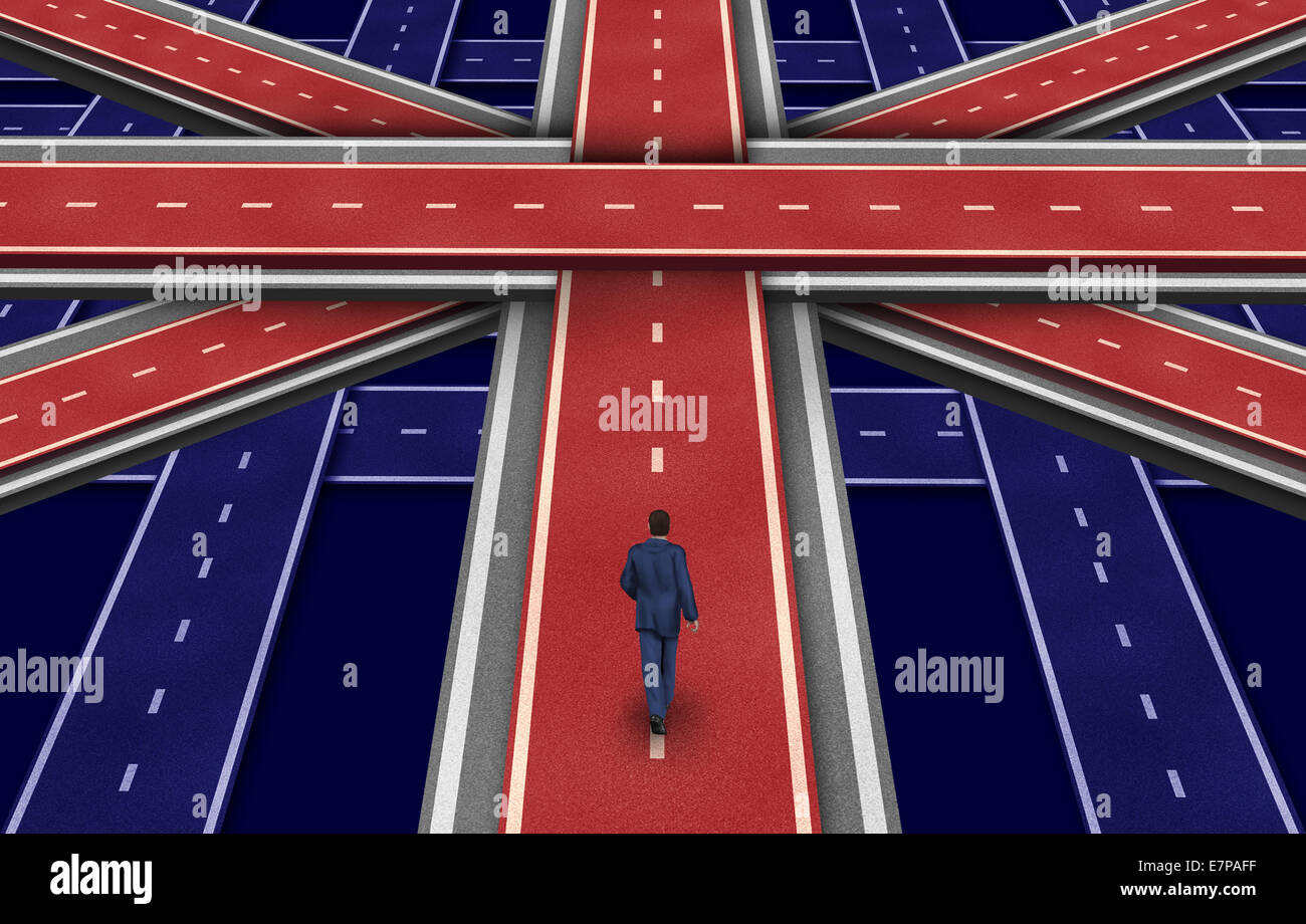 Plan britannique et l'avenir de la Grande Bretagne dont l'Angleterre Ecosse et Pays de Galles en tant que conception de la direction de l'économie britannique, et voie économique du Royaume-Uni comme un homme marchant sur un groupe de routes en forme de drapeau. Banque D'Images