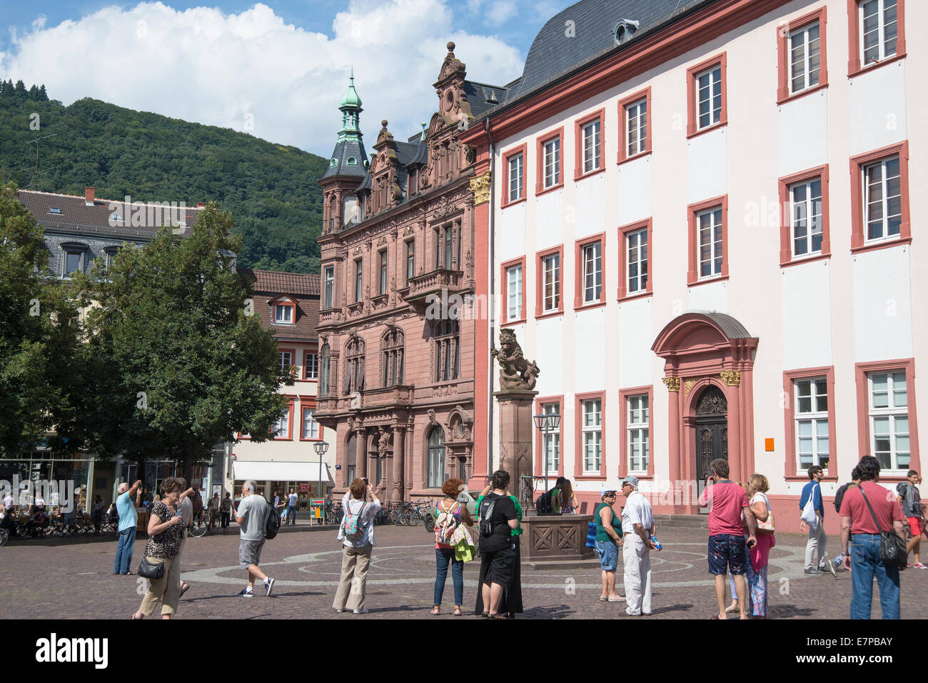 Fontaine d'hercule et l'hôtel de ville, Heidelberg , dans le sud-ouest de l'Allemagne, l'état de Bade-Wurtemberg , europe Banque D'Images