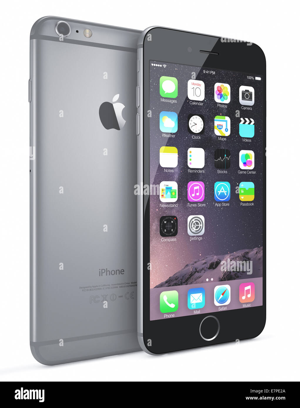 Espace Apple iPhone 6 gris plus montrant l'écran d'accueil avec iOS 8. Banque D'Images