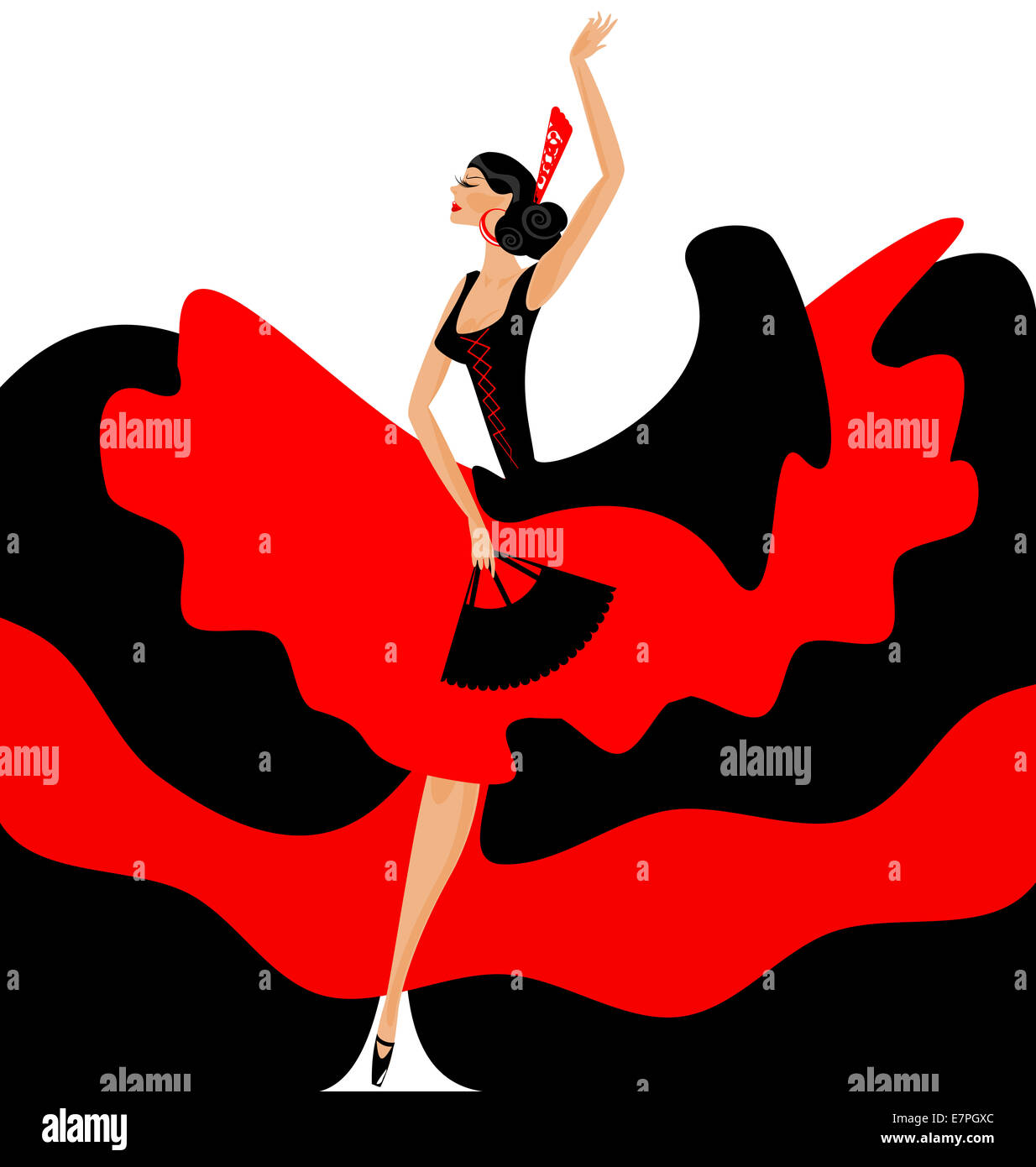 La danse espagnole avec femme en robe rouge-noir Banque D'Images