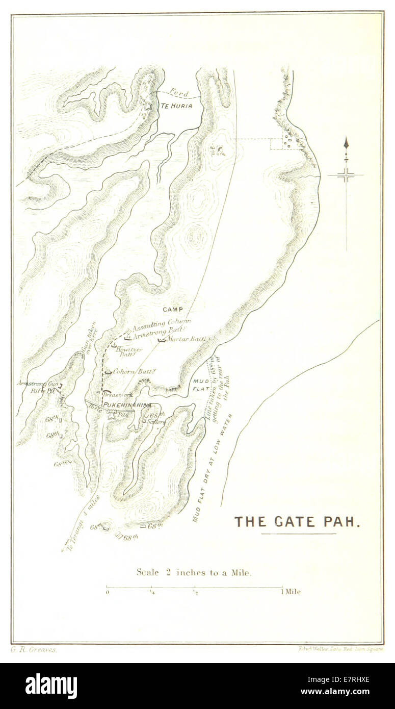 Une illustration de 1873 par Alexander montrant *The Gate Pah*, une fortification en Nouvelle-Zélande. Le site a été impliqué dans le conflit entre les forces maories et britanniques pendant les guerres de Nouvelle-Zélande. Banque D'Images