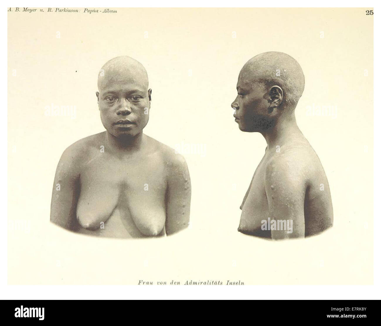 Une illustration et une carte de la série 'Papua-Typen', montrant les peuples indigènes et les éléments culturels de la Papouasie, tels que représentés au début du XXe siècle. Banque D'Images