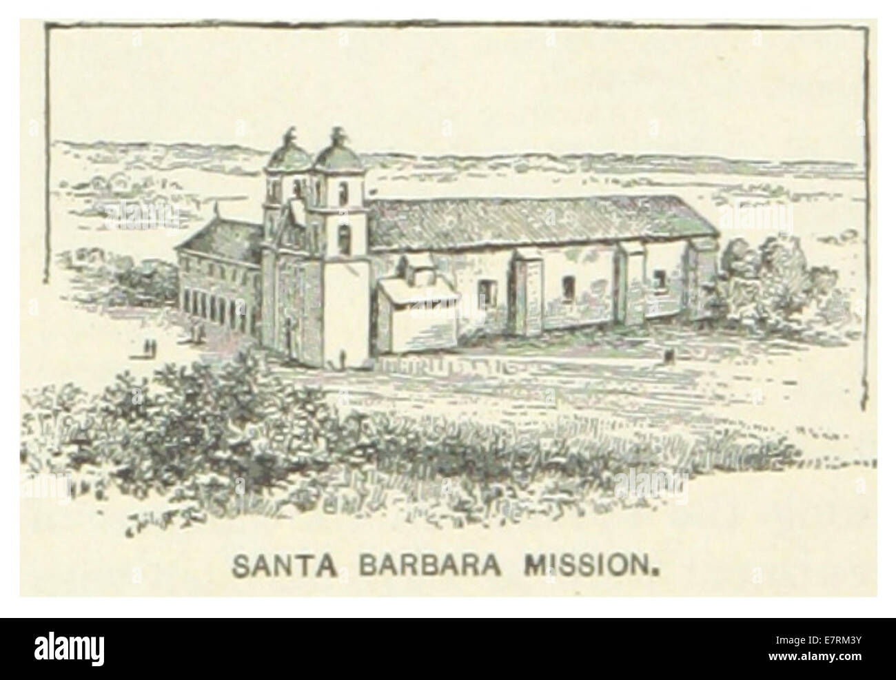 Une illustration de 1891 de la mission de Santa Barbara en Californie, mettant en valeur son architecture coloniale espagnole et son rôle dans la propagation du christianisme en Californie au XIXe siècle. Banque D'Images