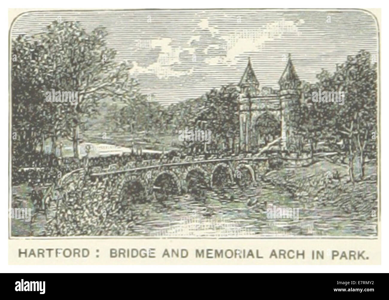 Cette illustration de 1891 capture le Memorial Arch and Bridge dans un parc à Hartford, Connecticut. L'œuvre d'art représente la conception du parc, mettant en valeur les structures proéminentes de l'espace public de la ville. Banque D'Images