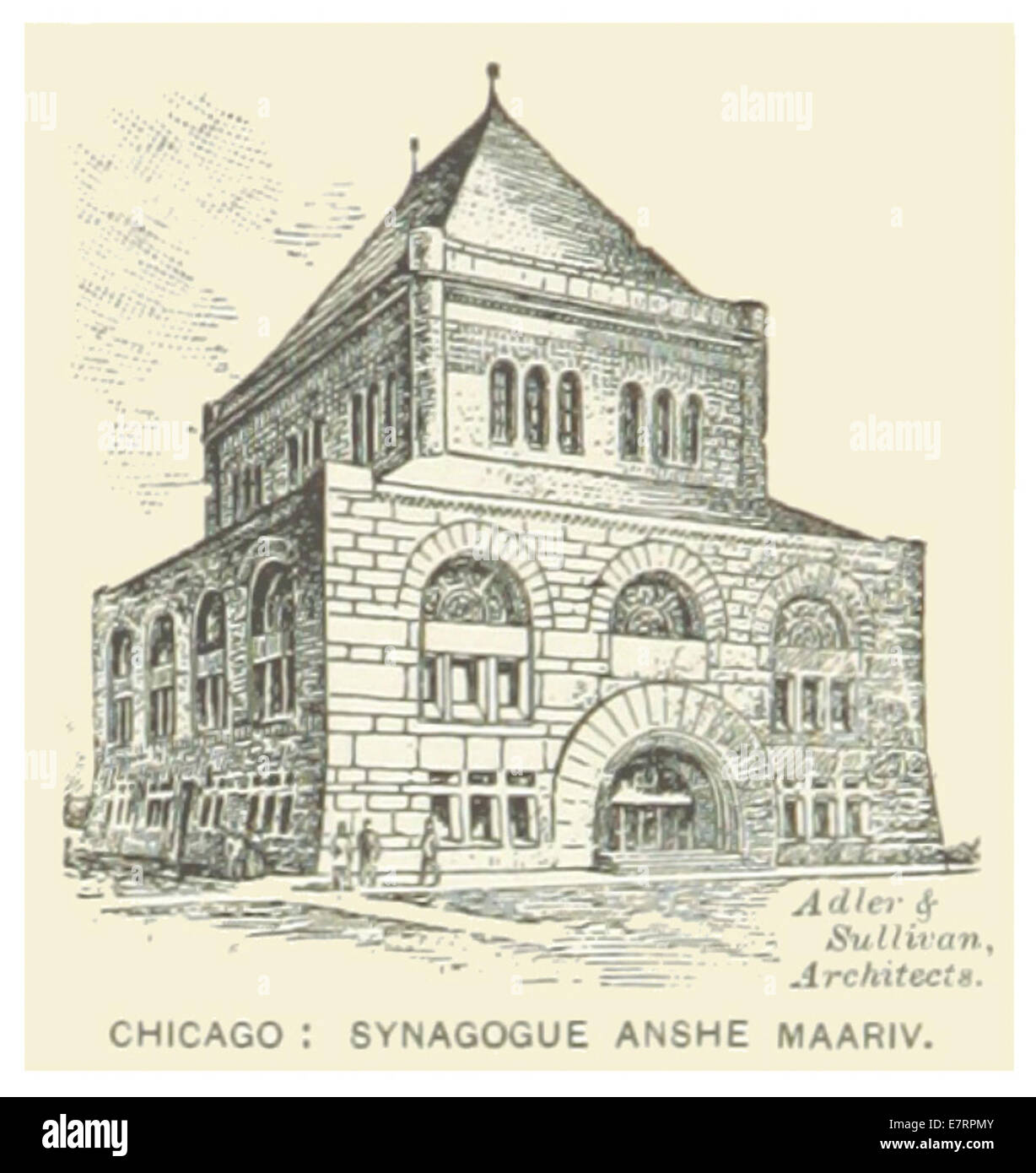 Cette illustration de 1891 représente la synagogue Anshe Maariv à Chicago, capturant ses détails architecturaux et son rôle en tant que bâtiment religieux clé de la ville à la fin du XIXe siècle. Banque D'Images