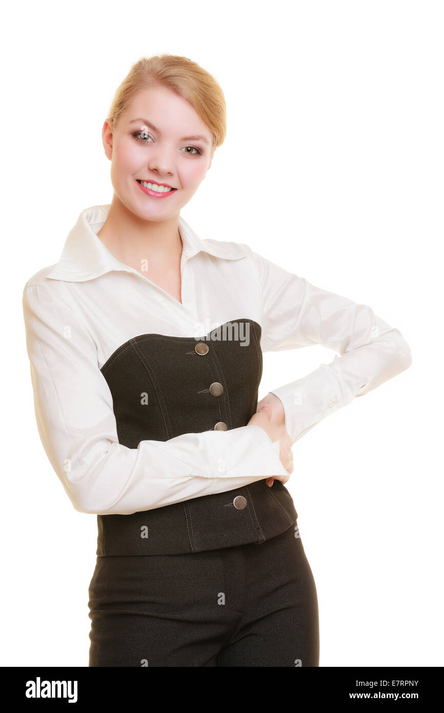 Portrait of young businesswoman patron belle blonde woman in shirt isolé sur blanc. Travailleur de l'entreprise. Banque D'Images