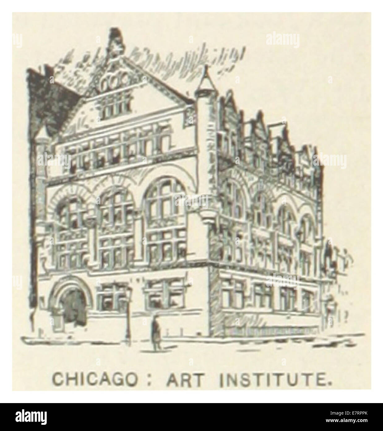 Une carte de 1891 et une illustration de l'Art Institute of Chicago, montrant sa conception architecturale et son importance en tant qu'institution culturelle dans le développement de la ville à la fin du XIXe siècle. Banque D'Images