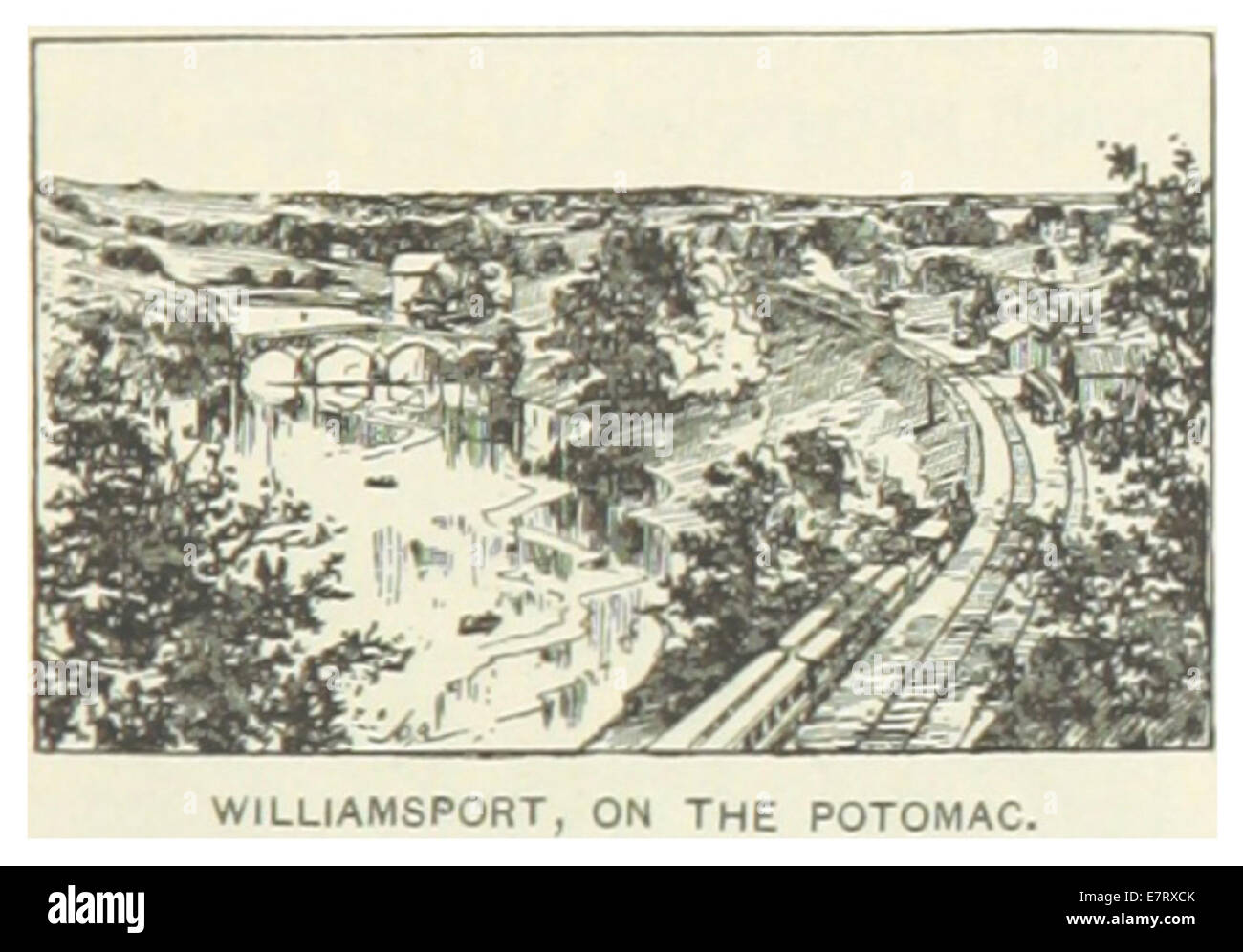 Illustration historique et carte de US-MD (1891) représentant Williamsport, Maryland, situé le long du fleuve Potomac. La carte met en évidence la géographie et le cadre historique de la ville. Banque D'Images