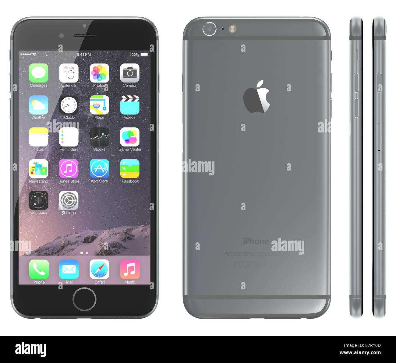 Espace Apple iPhone 6 gris plus montrant l'écran d'accueil avec iOS 8. Banque D'Images