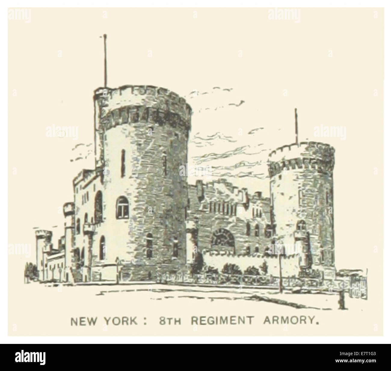 Une illustration ou une carte de 1891 montrant l'armurerie du 8th Regiment à New York, soulignant l'importance de ce bâtiment historique et son rôle en tant que centre militaire et communautaire. Banque D'Images