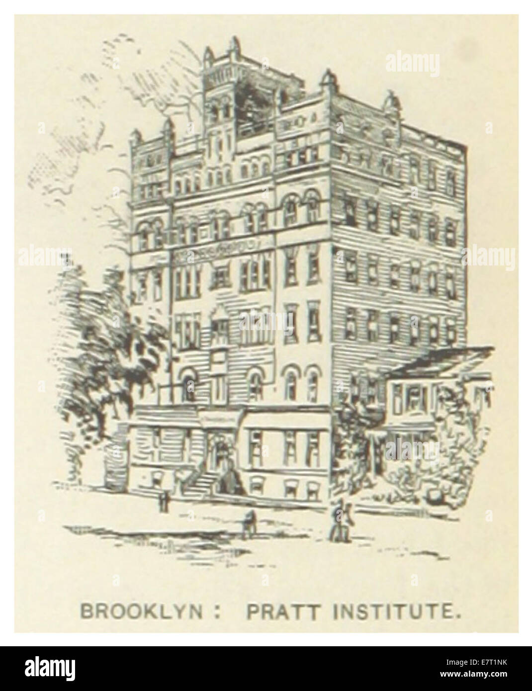Une illustration de 1891 de New York représentant le Pratt Institute à Brooklyn. Le dessin met en valeur les caractéristiques architecturales de la prestigieuse institution, établie comme centre d’éducation et de promotion Banque D'Images