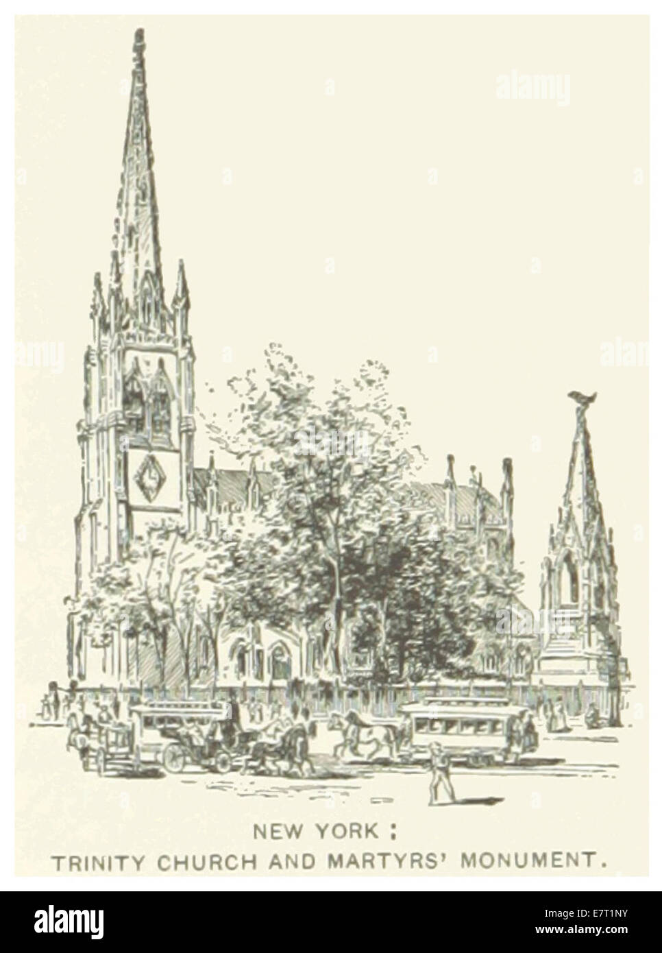 Cette illustration de 1891 présente l'église de la Trinité à New York, un monument historique connu pour son architecture néo-gothique. Le dessin souligne l'emplacement important de l'église et ses détails architecturaux, qui en font l'un des monuments les plus reconnaissables de la ville. Banque D'Images