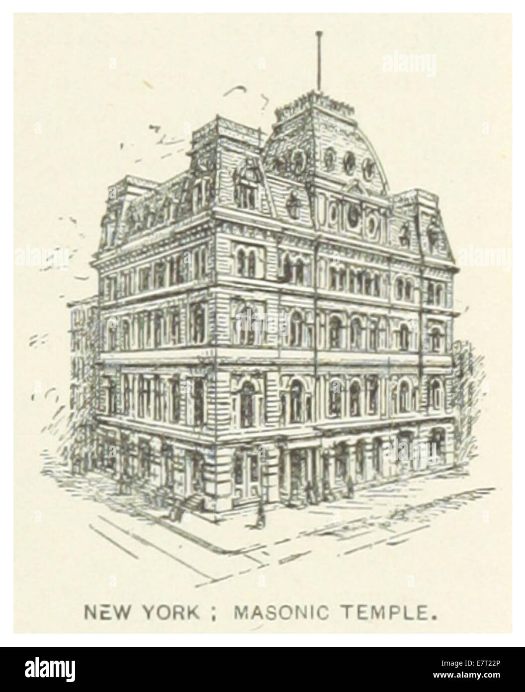 Un croquis de 1891 du temple maçonnique de New York, capturant les caractéristiques architecturales du bâtiment et son rôle de lieu de rencontre central pour les francs-maçons. Banque D'Images
