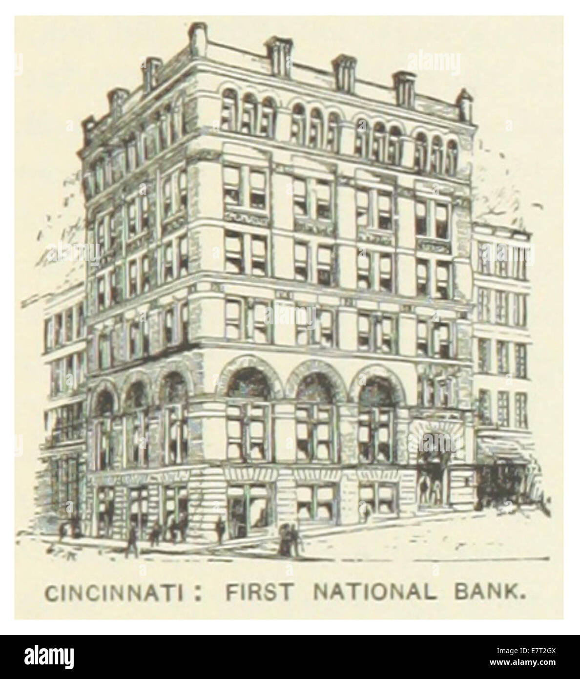 US-OH (1891) p681 comprend une illustration ou une carte représentant la First National Bank à Cincinnati. La publication fournit des détails sur l'architecture du bâtiment et son rôle dans l'histoire financière de la ville à la fin du XIXe siècle. Banque D'Images