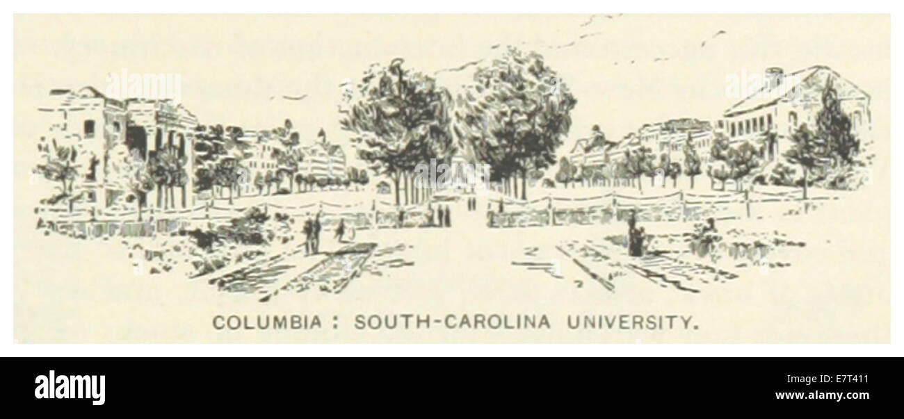Une illustration de 1891 de la publication US-SC mettant en vedette l'Université de Caroline du Sud en Colombie. L'image fournit une vue détaillée de l'aménagement du campus et de la conception du bâtiment. Banque D'Images