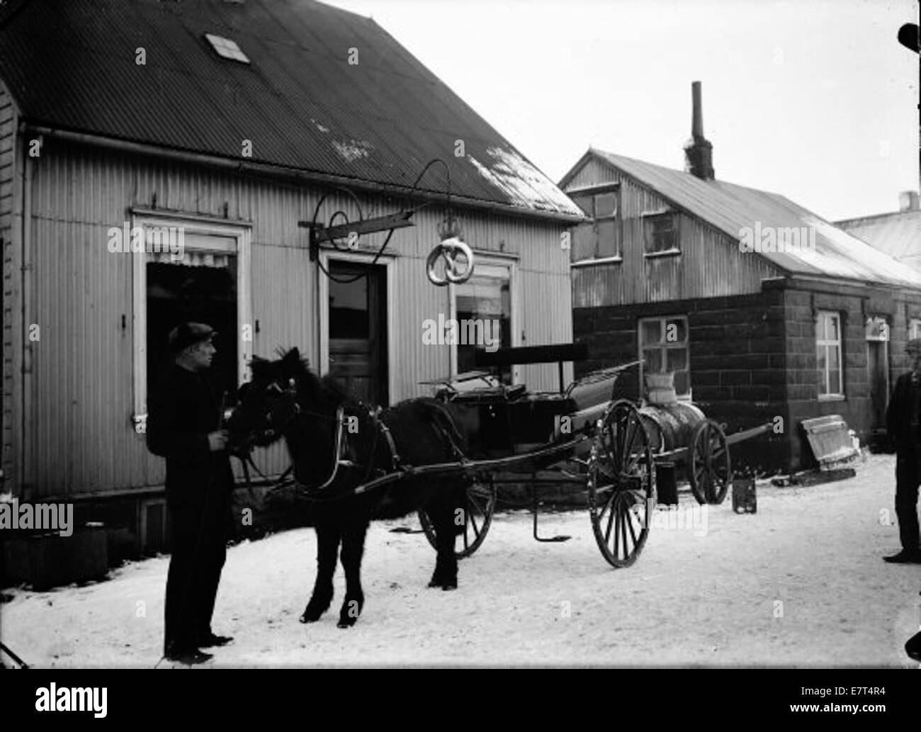 Photographie du début du XXe siècle d'un cheval et d'une calèche à Reykjavik, en Islande, entre 1905 et 1910. L'image reflète les modes de transport traditionnels et l'activité commerciale dans la ville pendant cette période. Banque D'Images