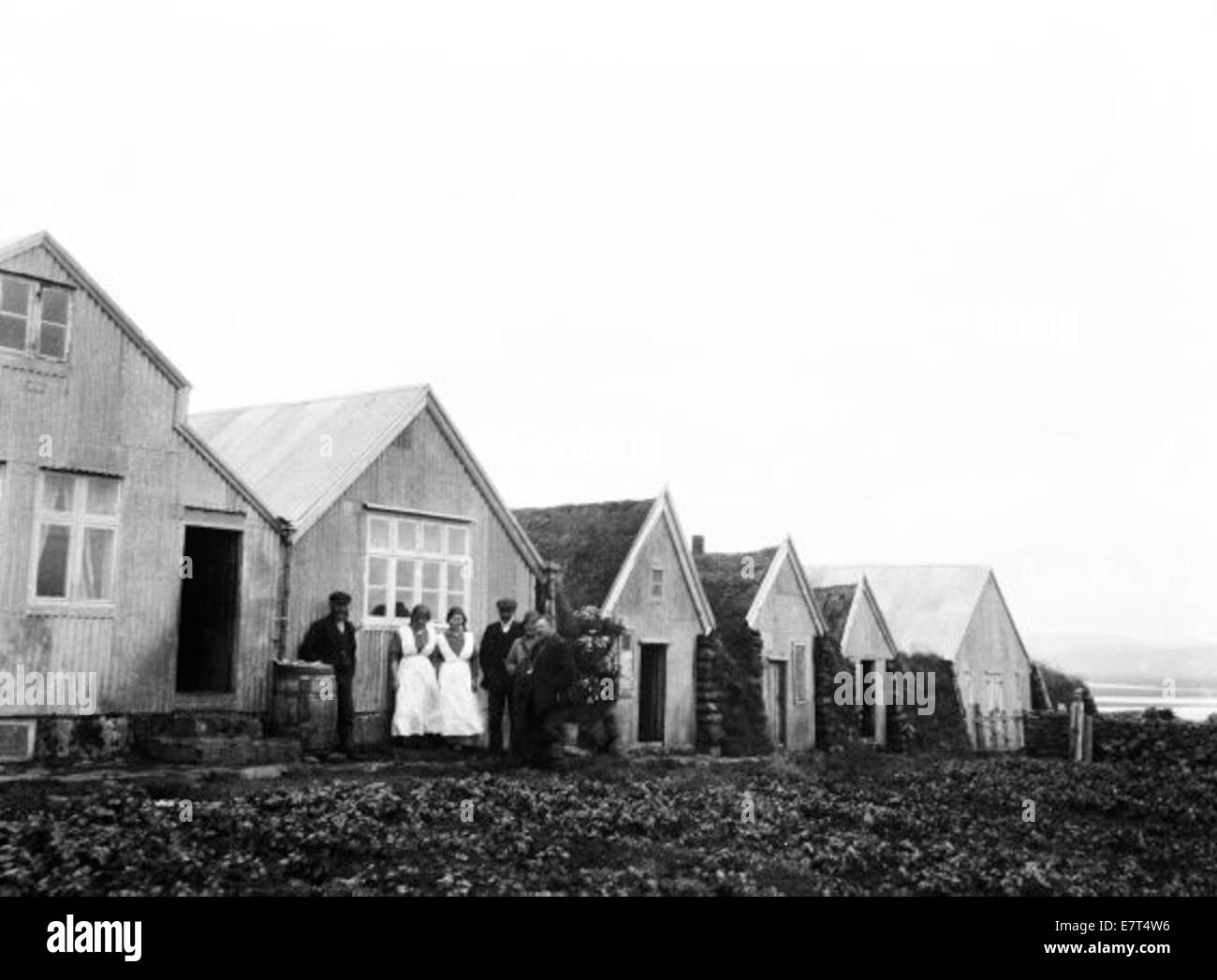 Photographie représentant une maison islandaise du début du XXe siècle. L'image montre la structure traditionnelle à toiture en gazon, une caractéristique de l'architecture islandaise. Banque D'Images Photographie représentant une maison islandaise du début du XXe siècle. L'image montre la structure traditionnelle à toiture en gazon, une caractéristique de l'architecture islandaise. Banque D'Images