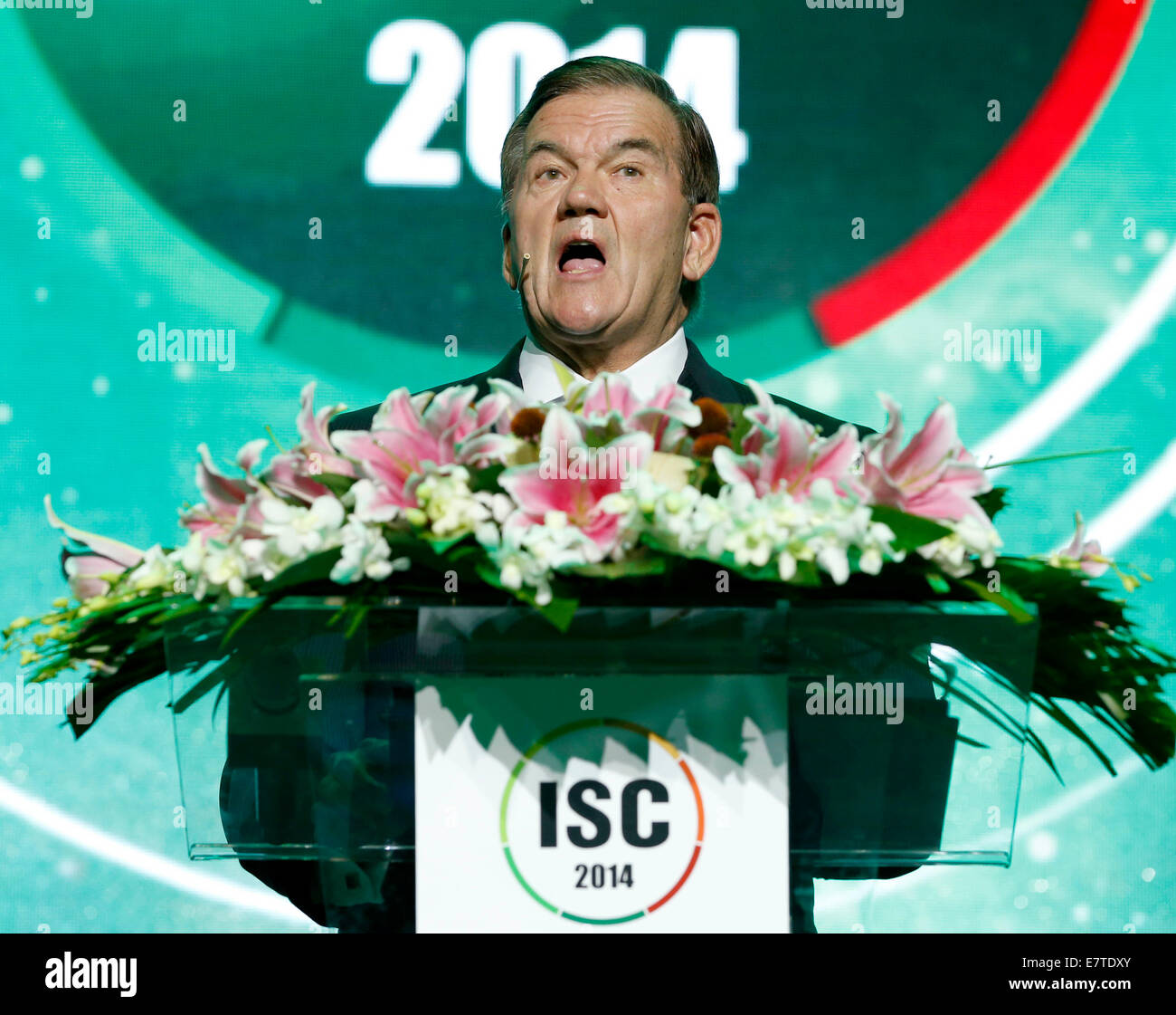 Beijing, Chine. Sep 24, 2014. Tom Ridge, ancien secrétaire du territoire des États-Unis, prend la parole lors de la cérémonie d'ouverture de la Chine de deux jours de conférence de sécurité Internet à Beijing, capitale de la Chine, 24 septembre 2014. © Chen Jianli/Xinhua/Alamy Live News Banque D'Images
