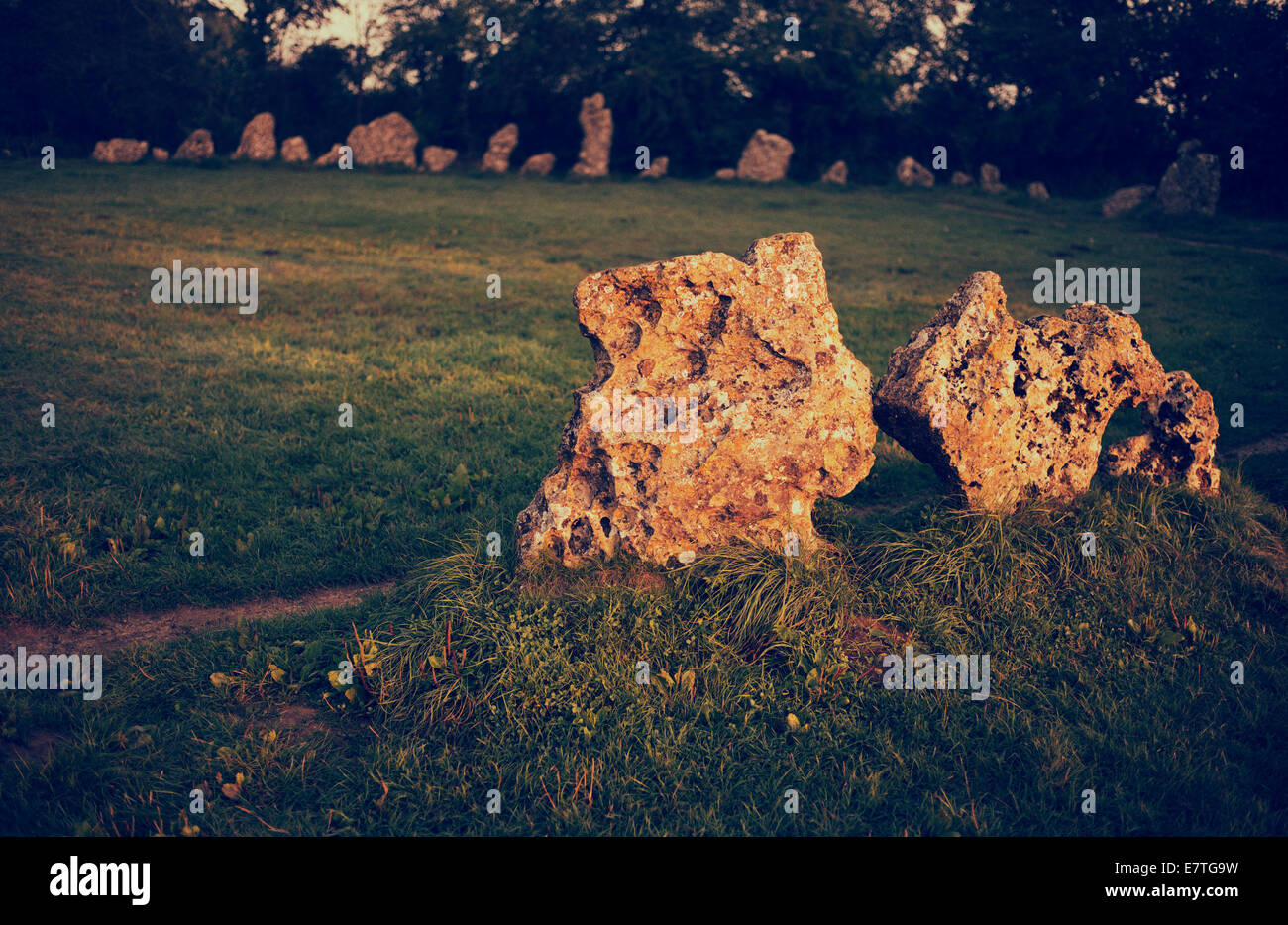 Le Rollright stones dans la première lumière de l'automne. L'Oxfordshire, Angleterre. Style Vintage Banque D'Images