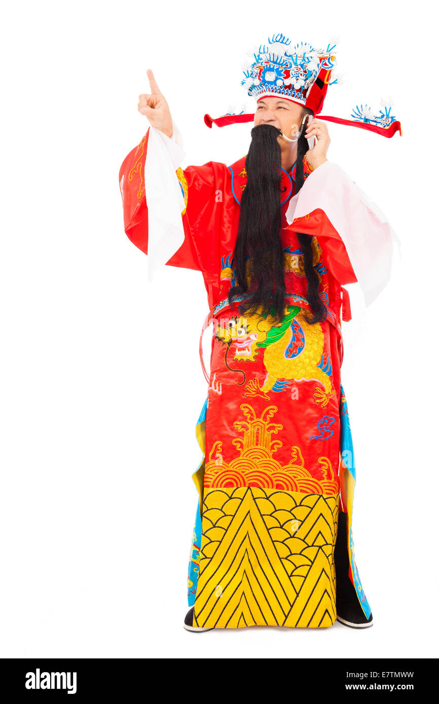 Dieu de la richesse parlant au téléphone et point sur fond blanc Banque D'Images