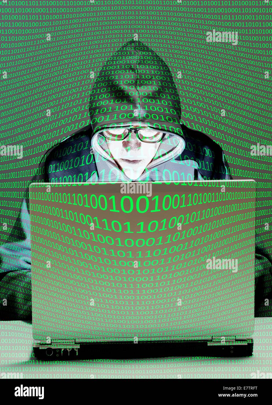 Parution du modèle. Pirate informatique, image composite. Banque D'Images