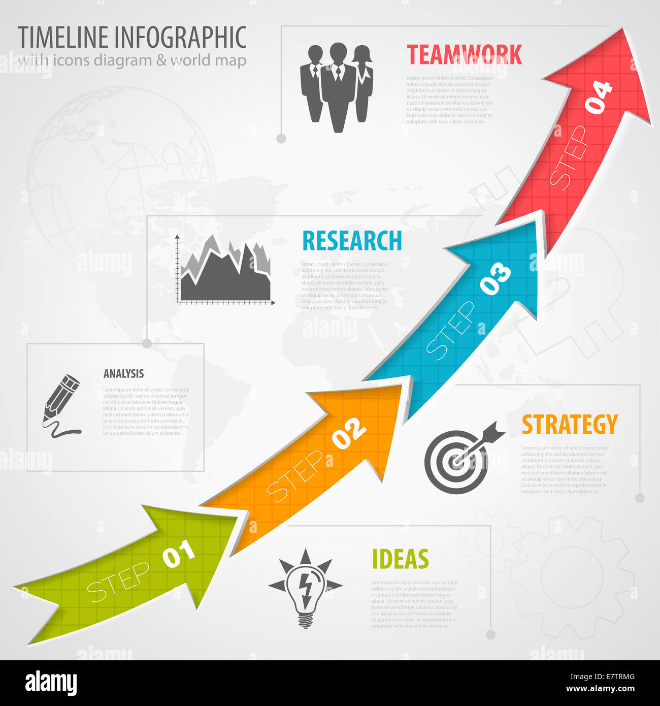 Chronologie d'infographie avec des flèches, des icônes et le nombre d'options. Template Banque D'Images