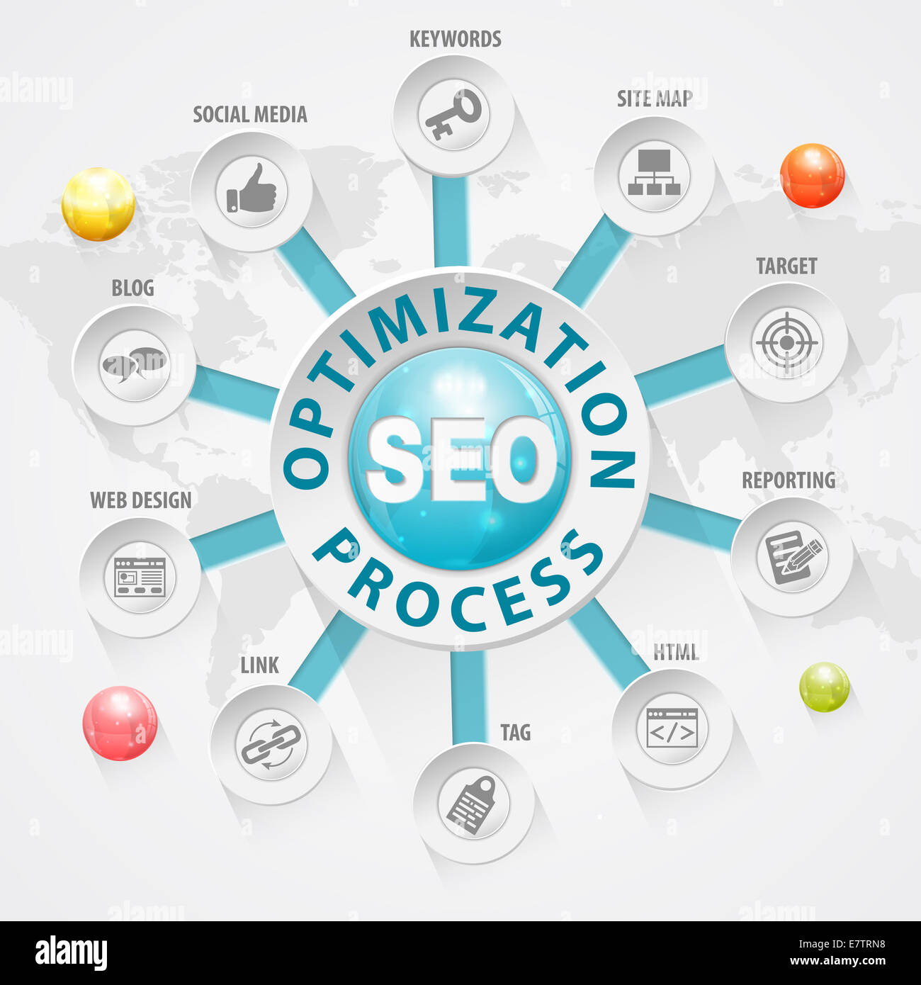 L'optimisation de Search Engine (SEO) Concept avec boutons et d'icônes. Template Banque D'Images