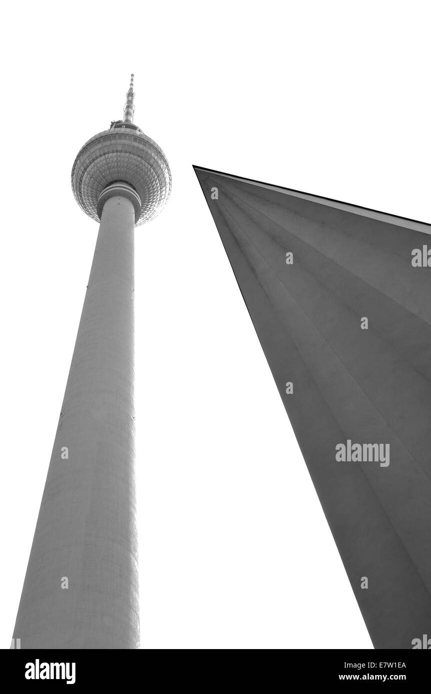 Résumé détail architectural de la tour de télévision à Berlin juxtaposé à un immeuble moderne Banque D'Images