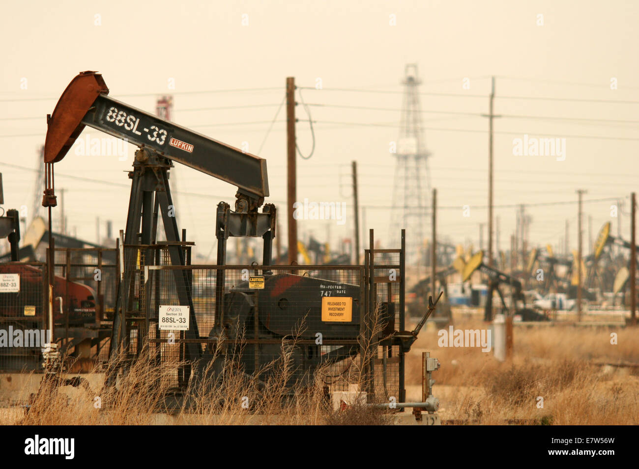 Chevalets occupé au travail dans un champ de pétrole en Californie Banque D'Images