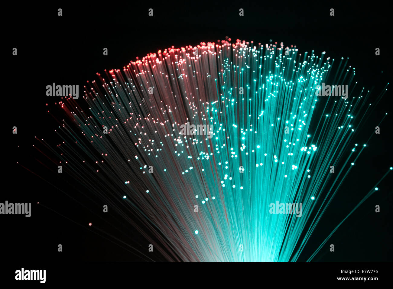 Fibres optiques plastique lumineux colorés dans le noir retour Banque D'Images