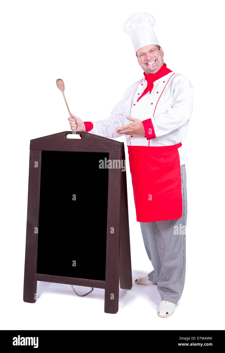 Happy chef debout avec un menu vierge Banque D'Images