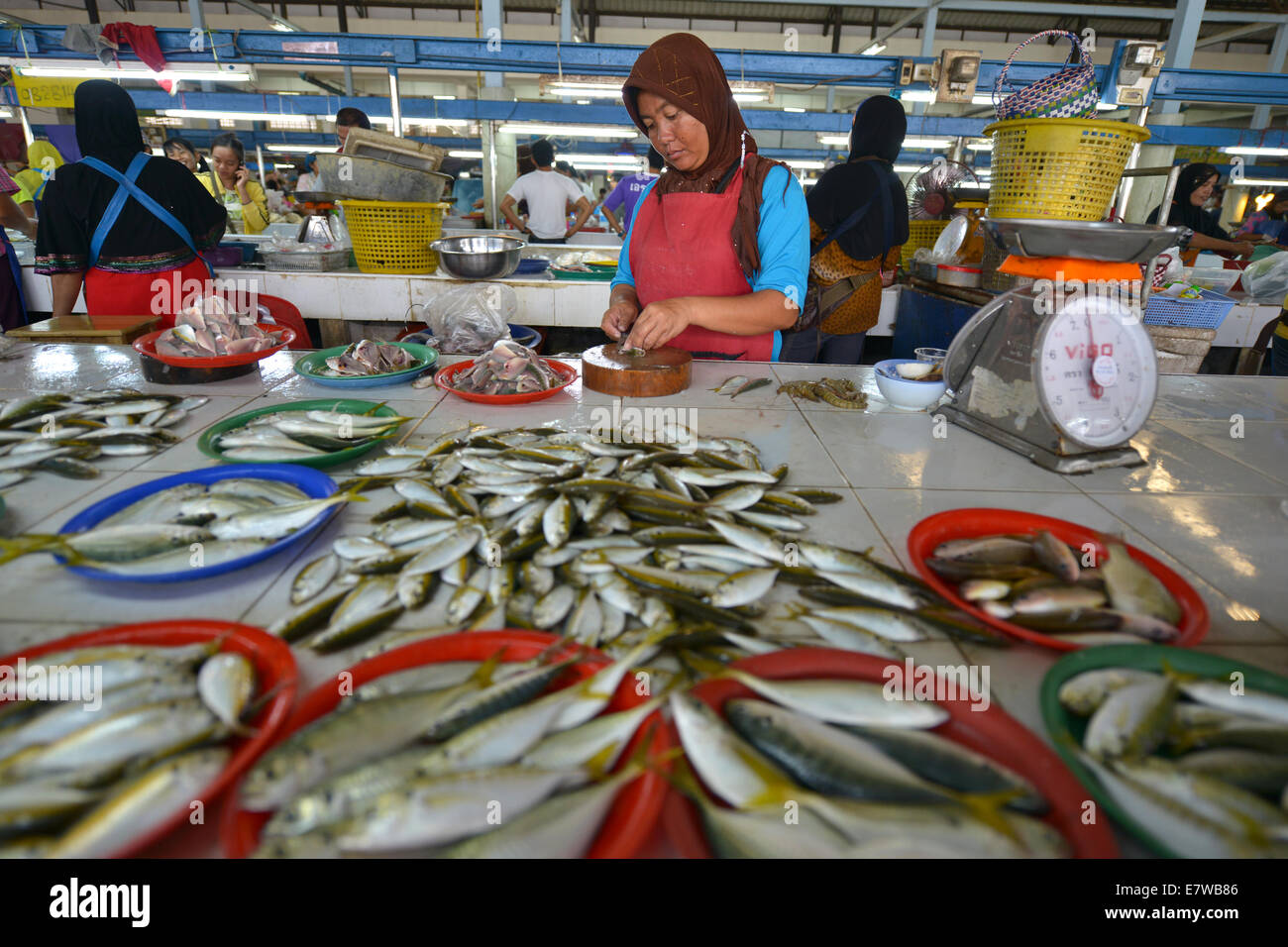 Krabi, Thaïlande - le 23 mars 2014 : les femmes à la vente du poisson sur le marché de Krabi, Thaïlande Banque D'Images