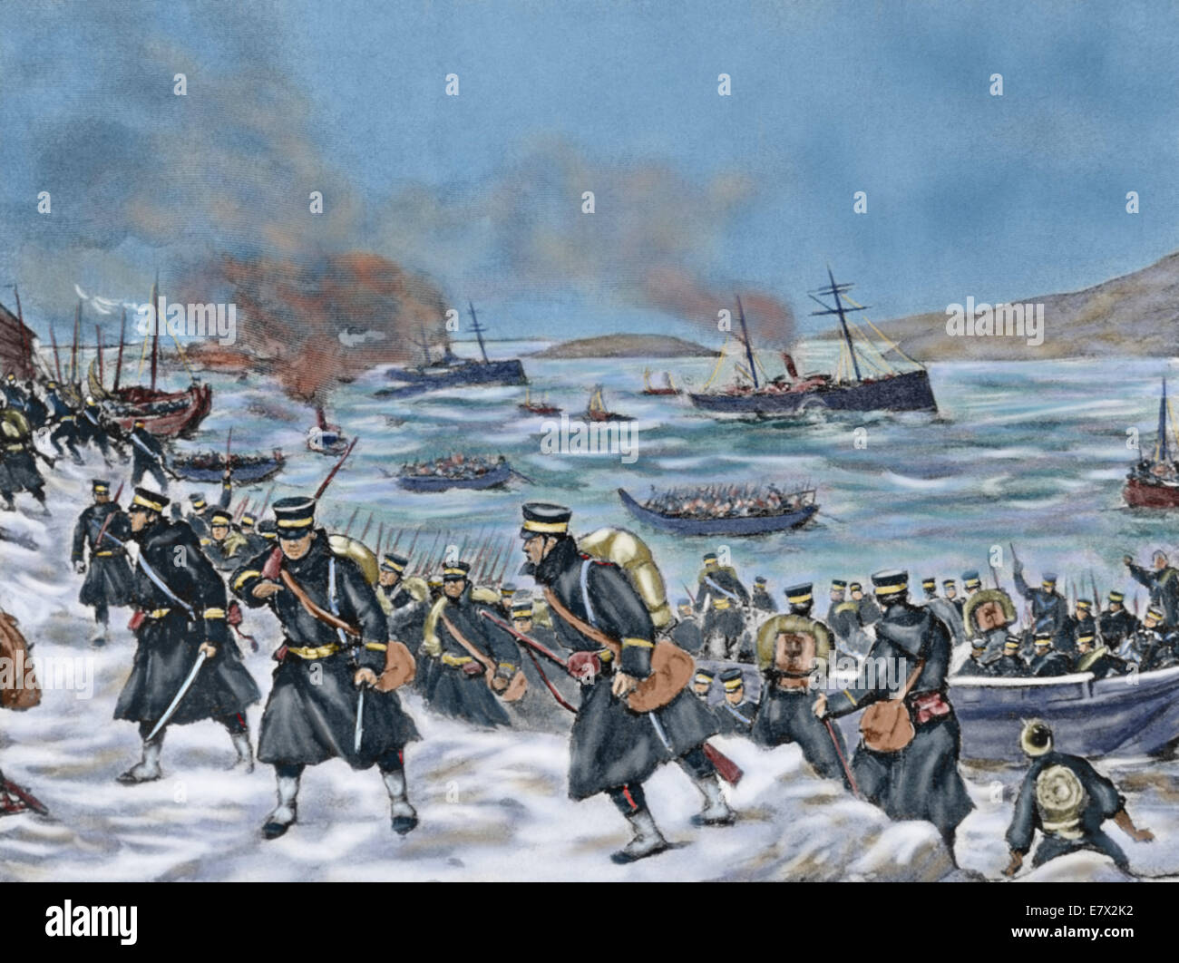 Guerre russo-japonaise (1904-1905). Débarquement de troupes japonaises à Chemulpo. La gravure. De couleur. Banque D'Images