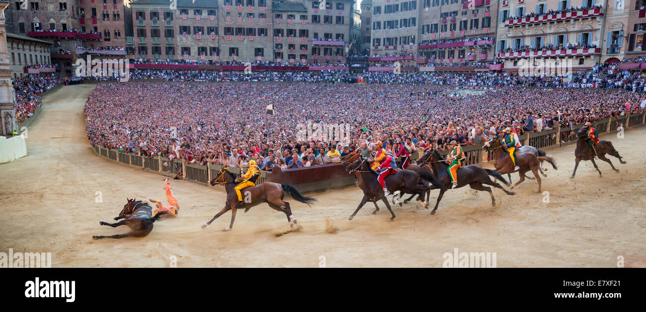 La course de chevaux Palio de Sienne sur la Piazza del Campo, Sienne, Toscane, Italie Banque D'Images