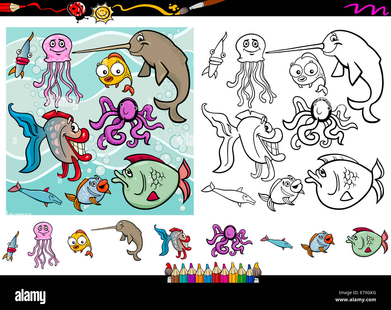 Illustrations de Funny Cartoon Animaux de la mer pour le Groupe Caractères Coloriage avec éléments exposés Banque D'Images