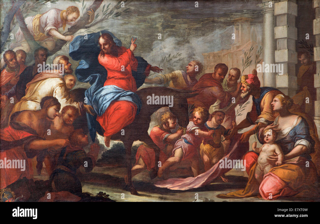 Padoue, Italie - 10 septembre 2014 : Peinture de Jésus entrée à Jérusalem (dimanche des Rameaux) à l'église Chiesa di San Gaetano Banque D'Images