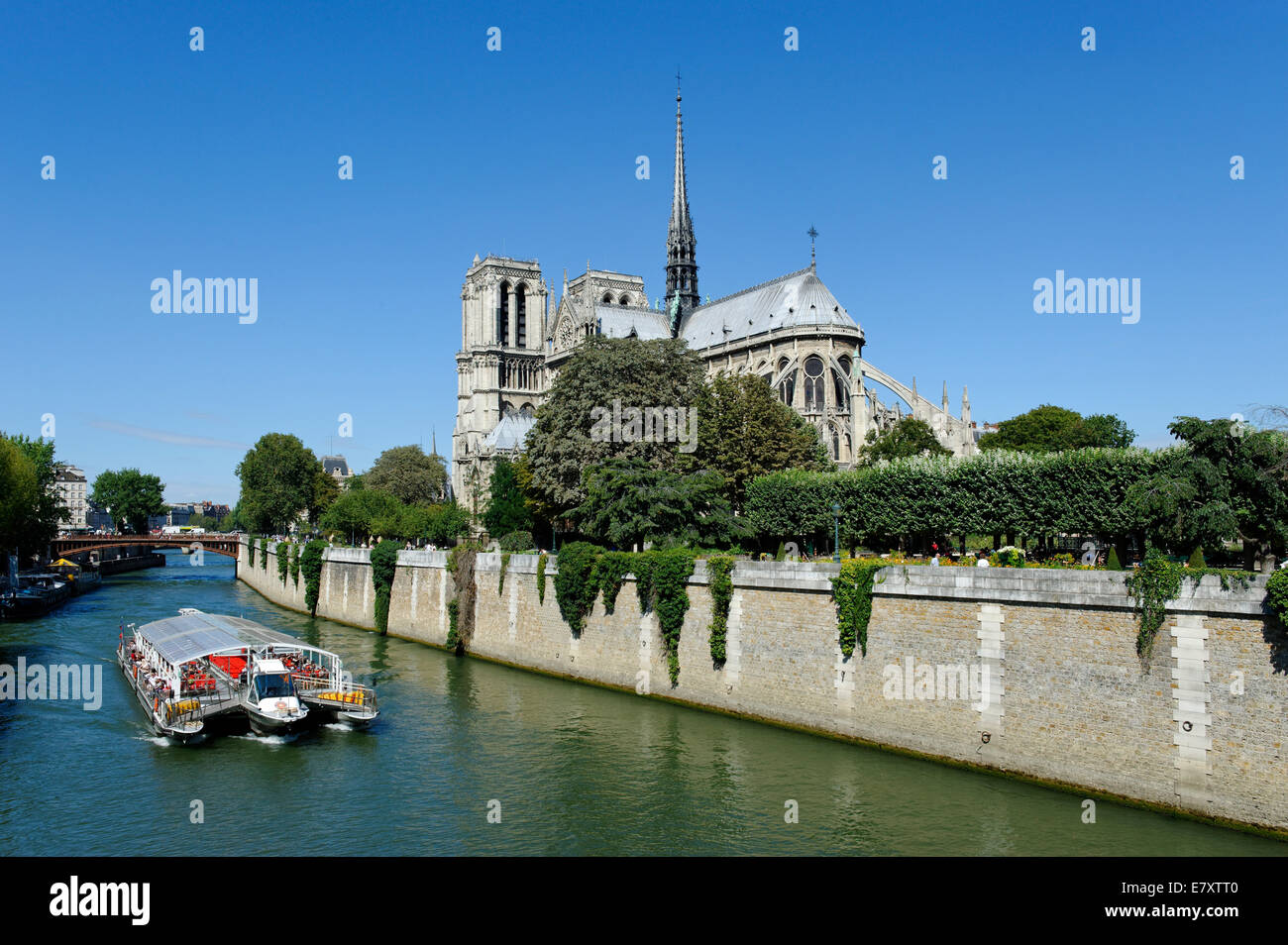 Bateau d'excursion sur la Seine, côté est de Notre-Dame de Paris ou la cathédrale de Notre-Dame, Seine, Ile de la Cité Banque D'Images