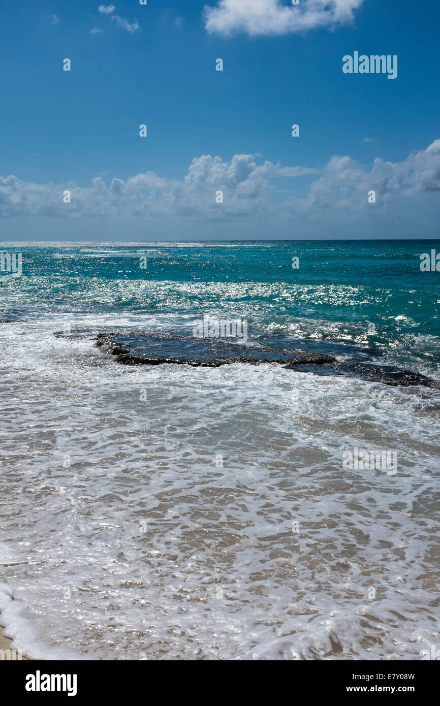 Briser l'océan sur un récif peu profond sur la plage à la Barbade. Banque D'Images