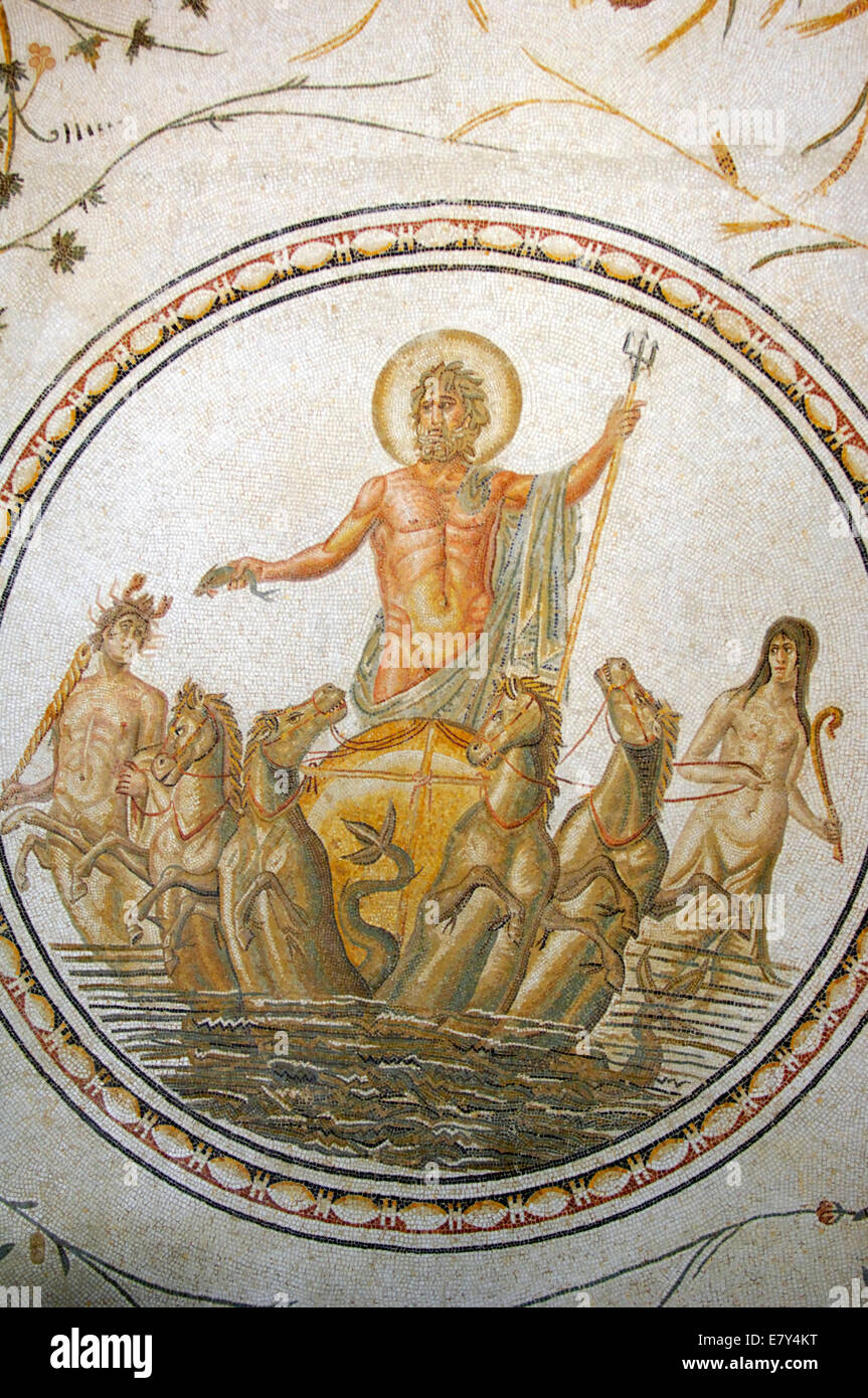 Détail d'une mosaïque du Dieu Neptune dans le Musée du Bardo Banque D'Images