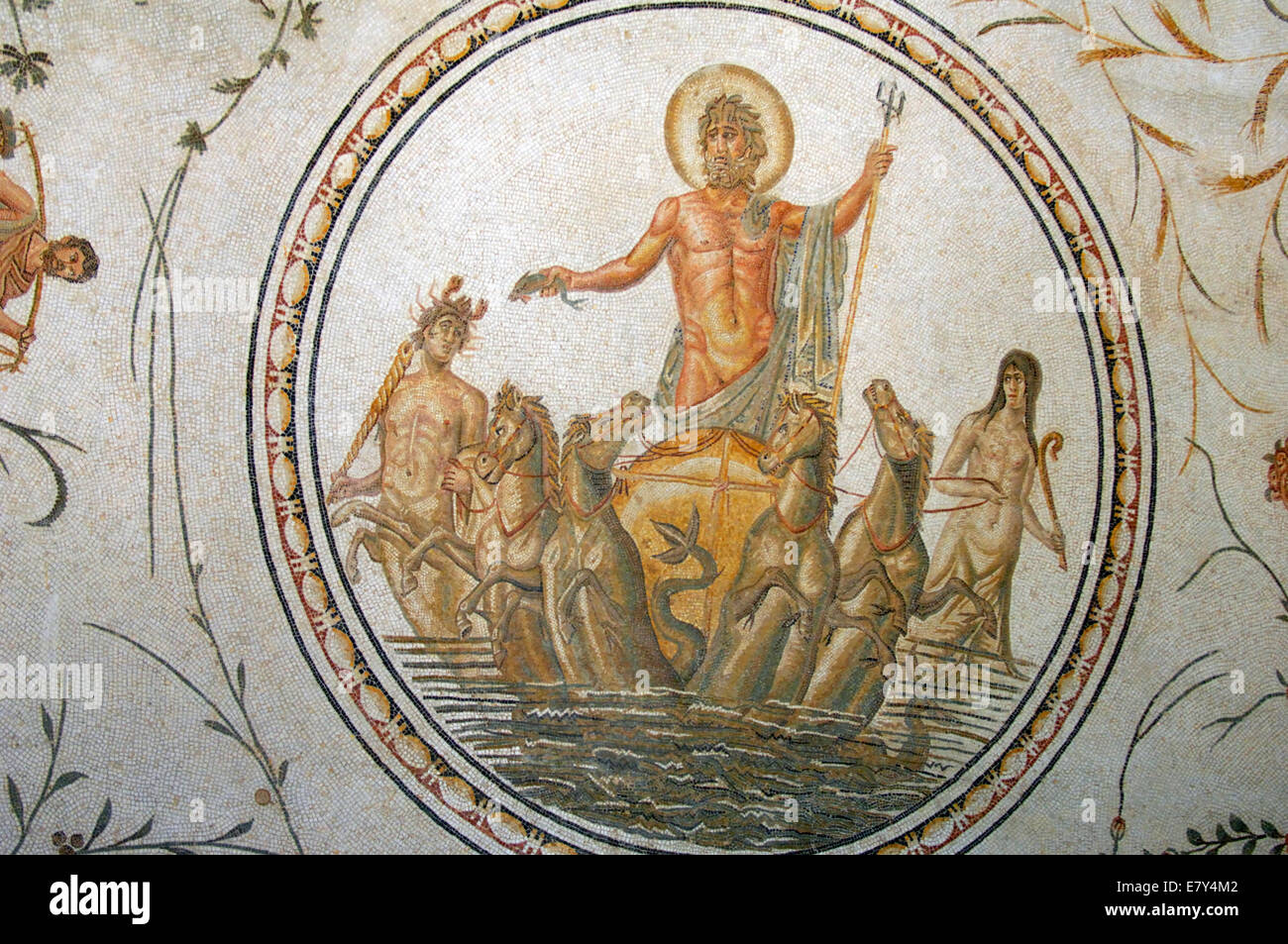 Détail d'une mosaïque du Dieu Neptune dans le Musée du Bardo Banque D'Images