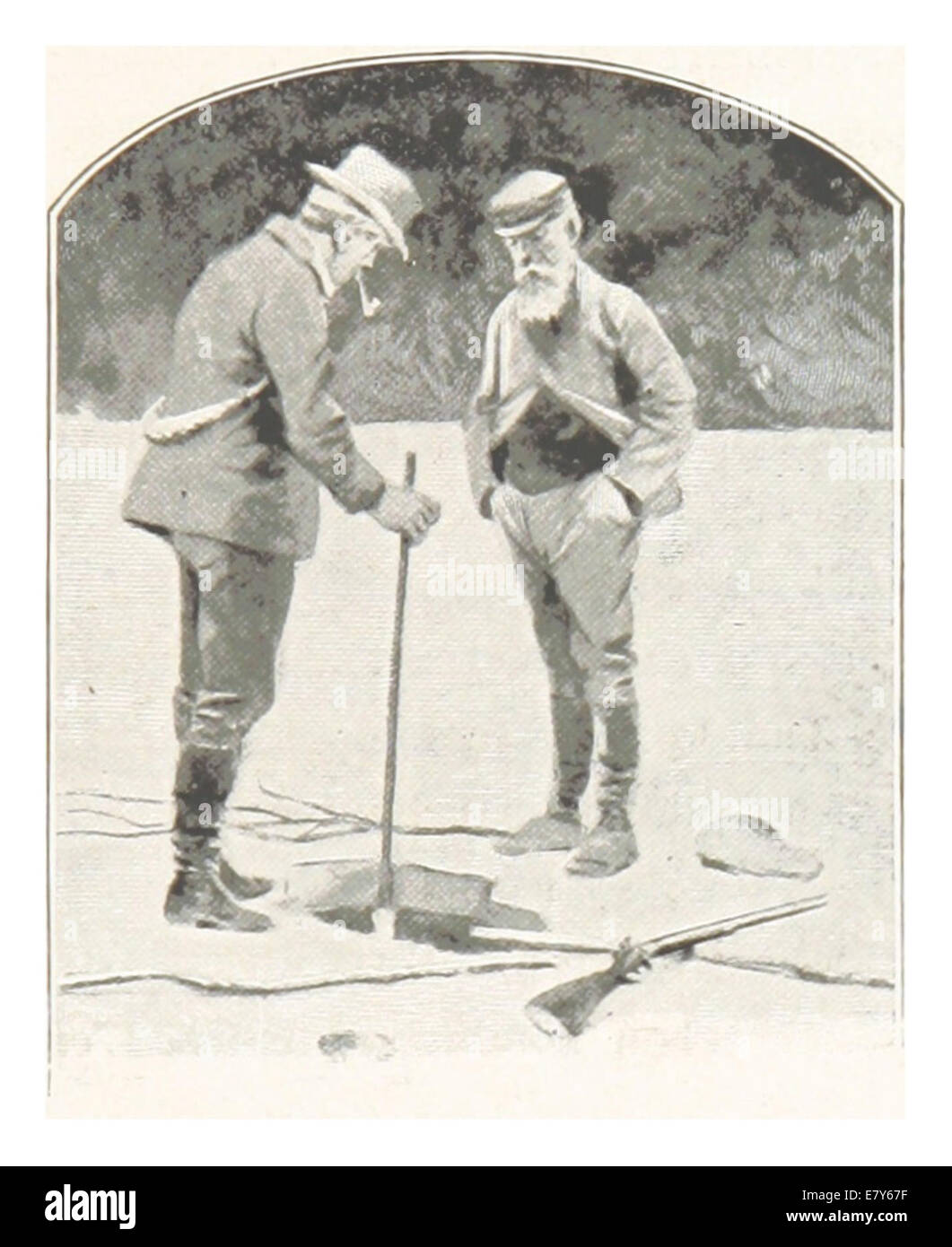 Illustration de Boillot de 1899, intitulée *la truite sur la glace*, représentant une scène d’un pêcheur sur la glace. Le croquis souligne la nature sereine mais difficile de la pêche hivernale. Banque D'Images