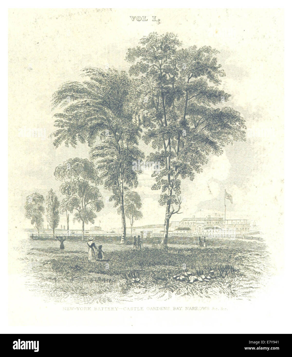 Cette illustration de 1834 par Hinton représente la batterie de New York et Castle Garden Park, capturant l'importance historique de ces monuments au début du XIXe siècle. Banque D'Images