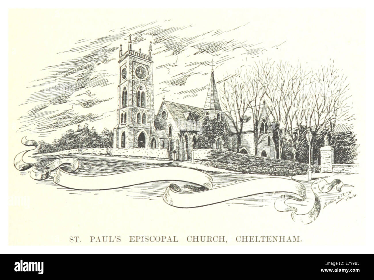 Une illustration de Hotchkin de 1892 de l’église épiscopale de Saint Paul à Cheltenham, qui capture l’architecture de l’église et son importance pour la communauté locale. L'œuvre reflète le style néo-gothique, commun dans l'architecture des églises du XIXe siècle. Banque D'Images