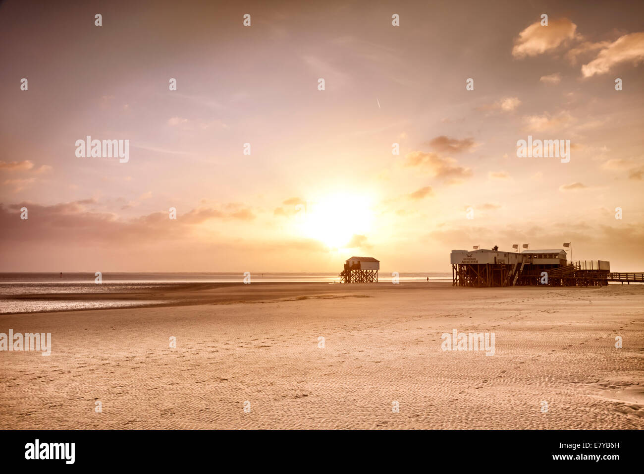 Pile dwellings dans le coucher du soleil, plage de Sankt Peter-Ording Schleswig-Holstein dans le Parc National de la mer des Wadden Banque D'Images